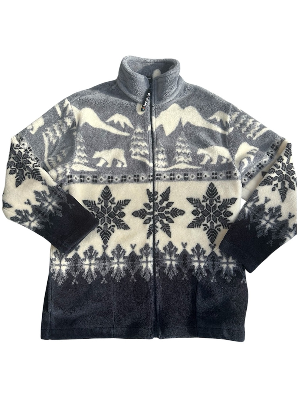 Vintage Fleece Zip Up Sweater Snowflake Winter Cozy Nature Teddy Jacket